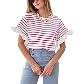 Tankaneo Women Striped Tops Ruffle Sleeve Casual Basic T Shirts Crewneck Short Sleeve Shirt Summer Outfits