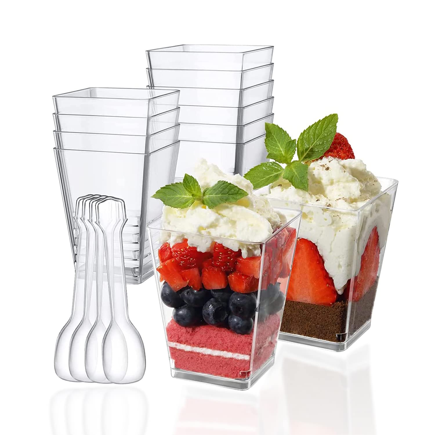 PALUDO 150ml Mini Dessert Cups with Spoons, 50 Pack Reusable Clear Square Plastic Dessert Cups, Cheesecake Pots, Multi-use Serving Dessert Bowls for Mousse Puddings Desserts Party Supplies