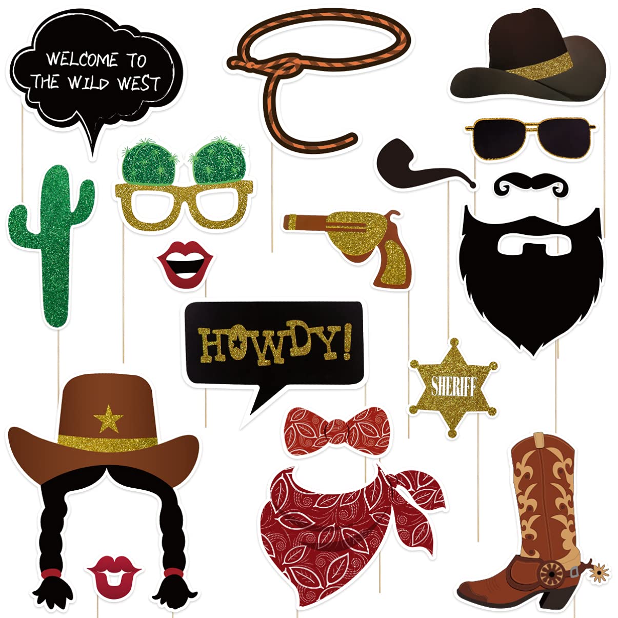 PRETYZOOM 18pcs West Cowboy Photo Booth Props Theme Party Handheld Selfie Props Carnival West Style Party Photo Shooting Decoration Pre- Assembled No Need to DIY