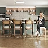 Hyfirm 26Inch Rattan Counter Height Bar Stools Set of 4, Wooden French Barstools with Cane Back, Mid Century Modern Wicker Br