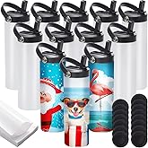 12 Pack Sublimation Tumblers Flat Edge Blanks Skinny Straight 20 oz, Stainless Steel Double Wall Insulated Sublimation Water Bottles with Portable Handle & Straw Lids for Heat Transfer, White