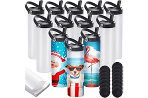 YOUKE OLA 12 Pack Sublimation Tumblers Flat Edge Blanks Skinny Straight 20 oz, Stainless Steel Double Wall Insulated Sublimation Water Bottles with Portable Handle & Straw Lids for Heat Transfer, White