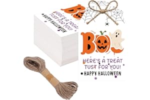 SerpizePaty 50Pcs Halloween Tags for Goodie Bags, 3.3x2.1 Inch Halloween Gifts Tags with String, Halloween Pumpkin Ghost Spider Name Tags for Holiday Party Candy Bag Party Favor DIY Craft