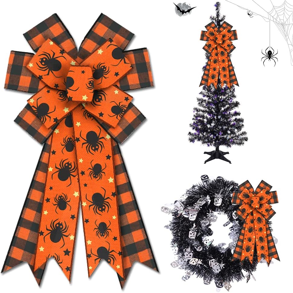 Bows & Ribbons - Estivaux Large Halloween Bows for Wreath, Halloween Spider Wreath Bows Black Buffalo Plaid Bows Orange Burlap Bows Holiday Tree Topper Bows for Front Door Halloween Party Decorations