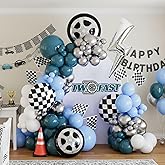 Blue Race Car Balloon Arch Kit with Lightning&Tire&Checkered Balloons, Blue & Silver Racing Party Decorations for 2nd Boy Birthday, Fast One or Two Fast Party Theme