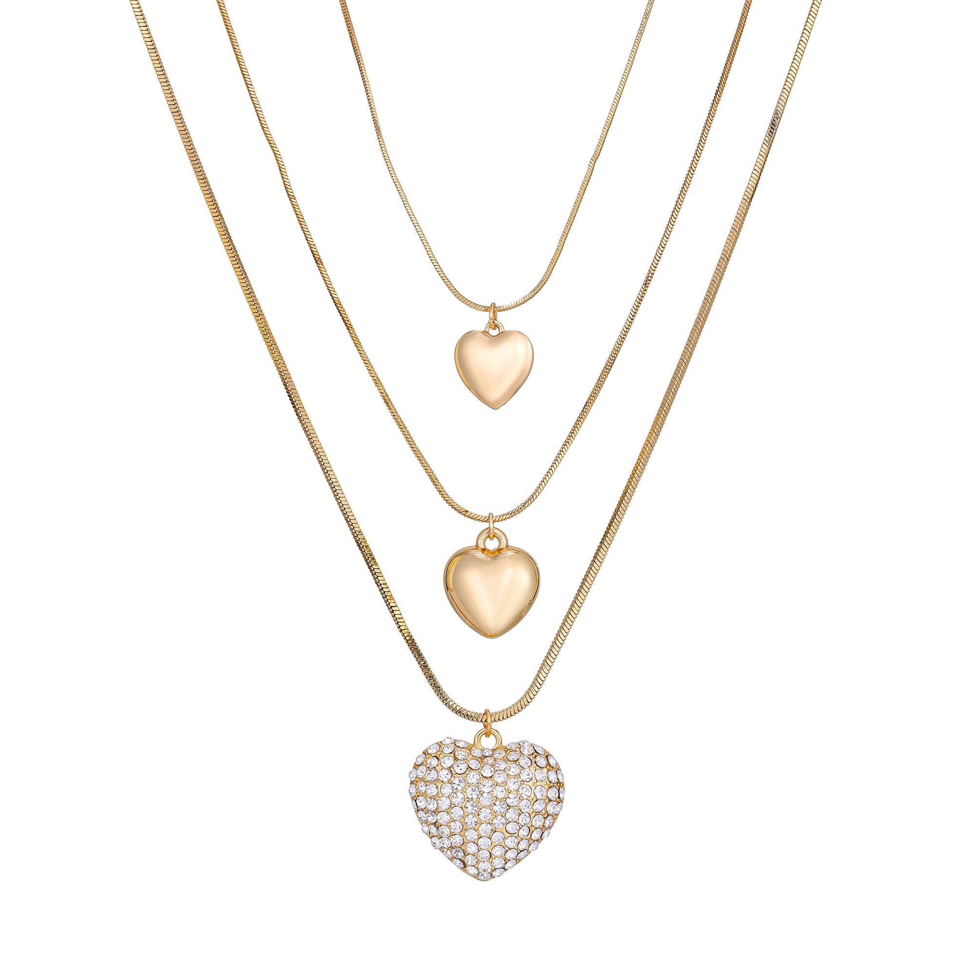 Women Gold Heart Shape Necklace, Multi-Layered Love Pendant Crystal Snake Bone Necklaces Long Necklace for Women