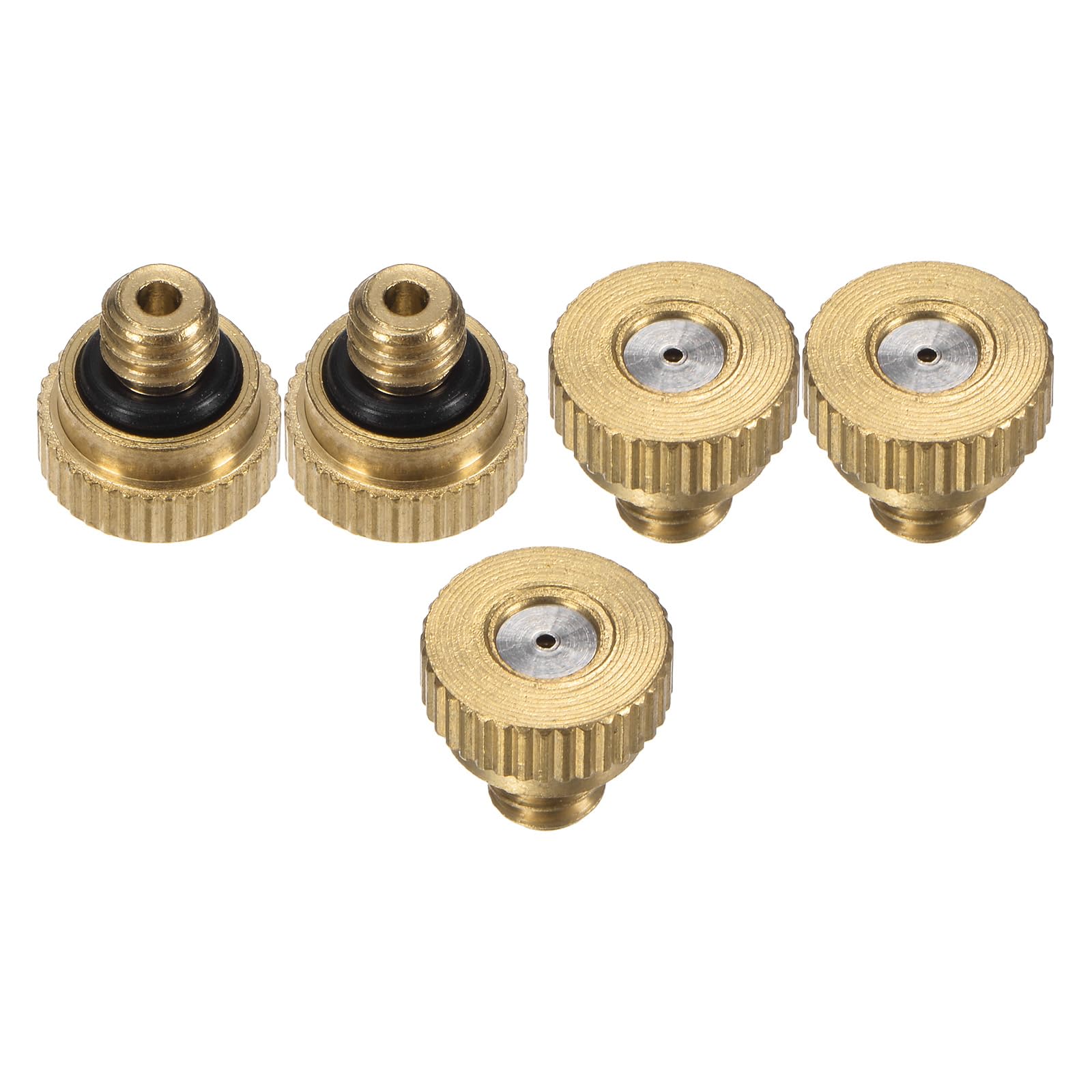 M METERXITY 5-Pack Brass Misting Nozzle, 0.028" 0.7mm Orifice 10/24 UNC O-Ring Replacement Mister Nozzles Plug Mister Heads for Garden Patio Outdoor Cooling System Low-Pressure Atomizing