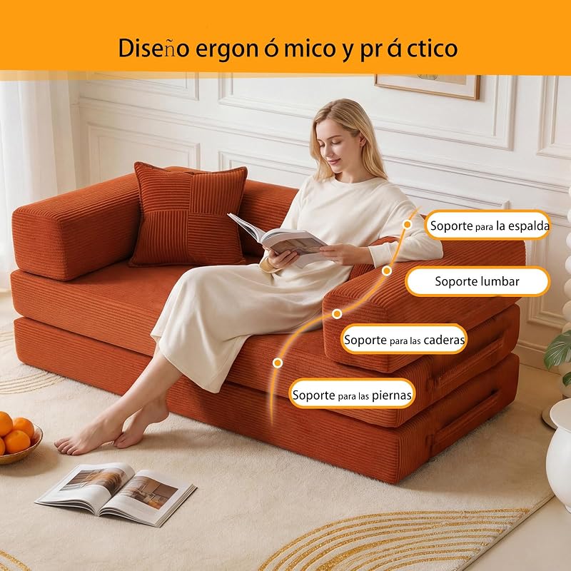 Sofá-cama de 2 lugares de 160 cm com espuma e molas para sala de estar, laranja