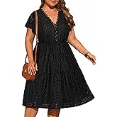 Plus Size Summer Dress - Casual Boho Sundress Eyelet Lace V Neck Short Sleeve Tiered A-Line Midi Flowy Sun Dresses Women