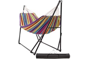 LIEVIM Hammock with Foldable Steel Stand,Frabic Tension Adjustable,Carrying Bag Included, 616 lbs Weight Capacity, Portable Suitable for Outside Garden Yard Outdoor Inhouse Multicolour