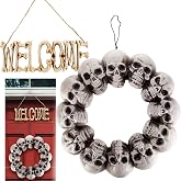 Halloween Welcome Sign & Skull Wreath 2 Pack Fall Skeleton Door Wall Decor | Weatherproof skeleton bone decorations. Ideal 2-pack hanging decor for your home or office door, party & haunted house.