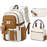 Laptop Backpack 15.6 Inch Elementary Middle High School Bag College Backpacks with Lunch Box Pencil Pouch 3 PCS Set Travel Bookbags for Teens Girls Women Students (Beige Khaki)