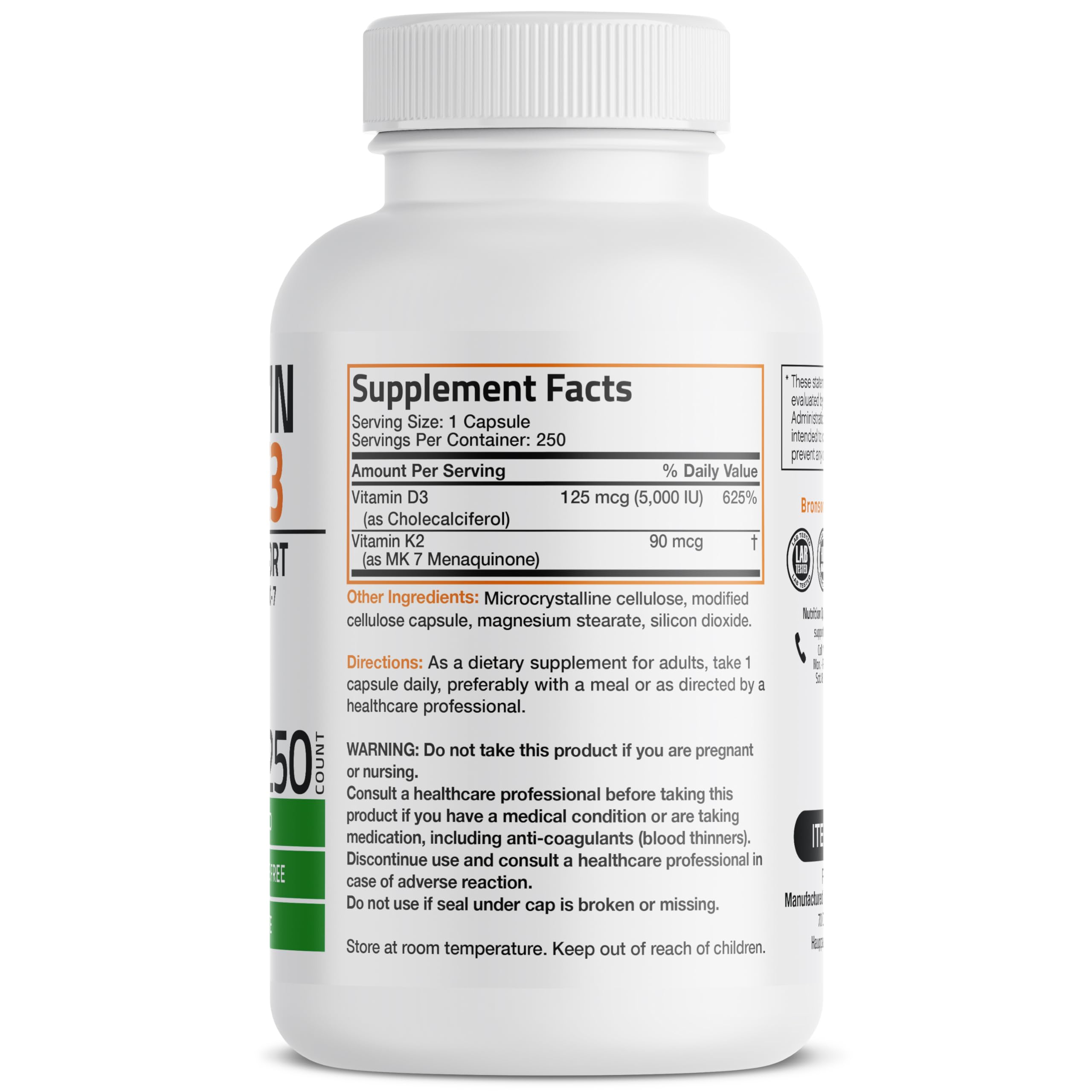 Bronson Vitamin K2 (MK7) with D3 Supplement Non-GMO Formula 5000 IU Vitamin D3 & 90 mcg K2 MK-7 Easy to Swallow D & K Complex, 250 Capsules
