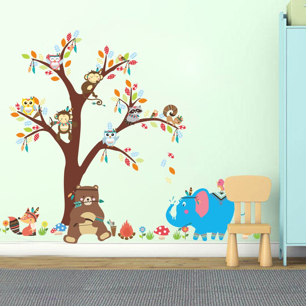 Amaonm Creative Cartoon Animal Wall Decals Monkey Owls On the Tree Wall Sticker Murals Removable