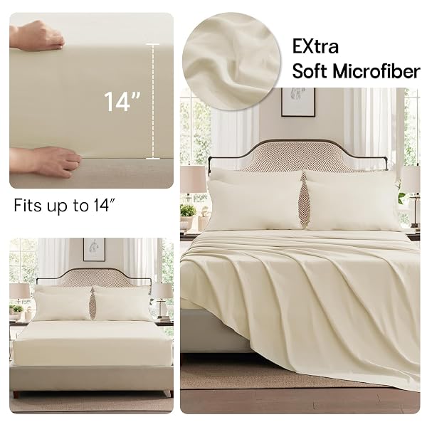 ANLUOER CREAM QUEEN COMFORTER SET 7 PIECES, BED IN A BAG WITH SHEETS, ALL SEASON BEDDING SETS WITH 1 COMFORTER, 2 PILLOW SHAMS, 2 PILLOWCASES, 1 FLAT SHEET, 1 FITTED SHEET