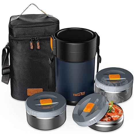 Home Puff Contigo-L Lunch Box Stainless Steel Vacuum Insulated, with Bag, 2.0L, 3 Containers, Blue