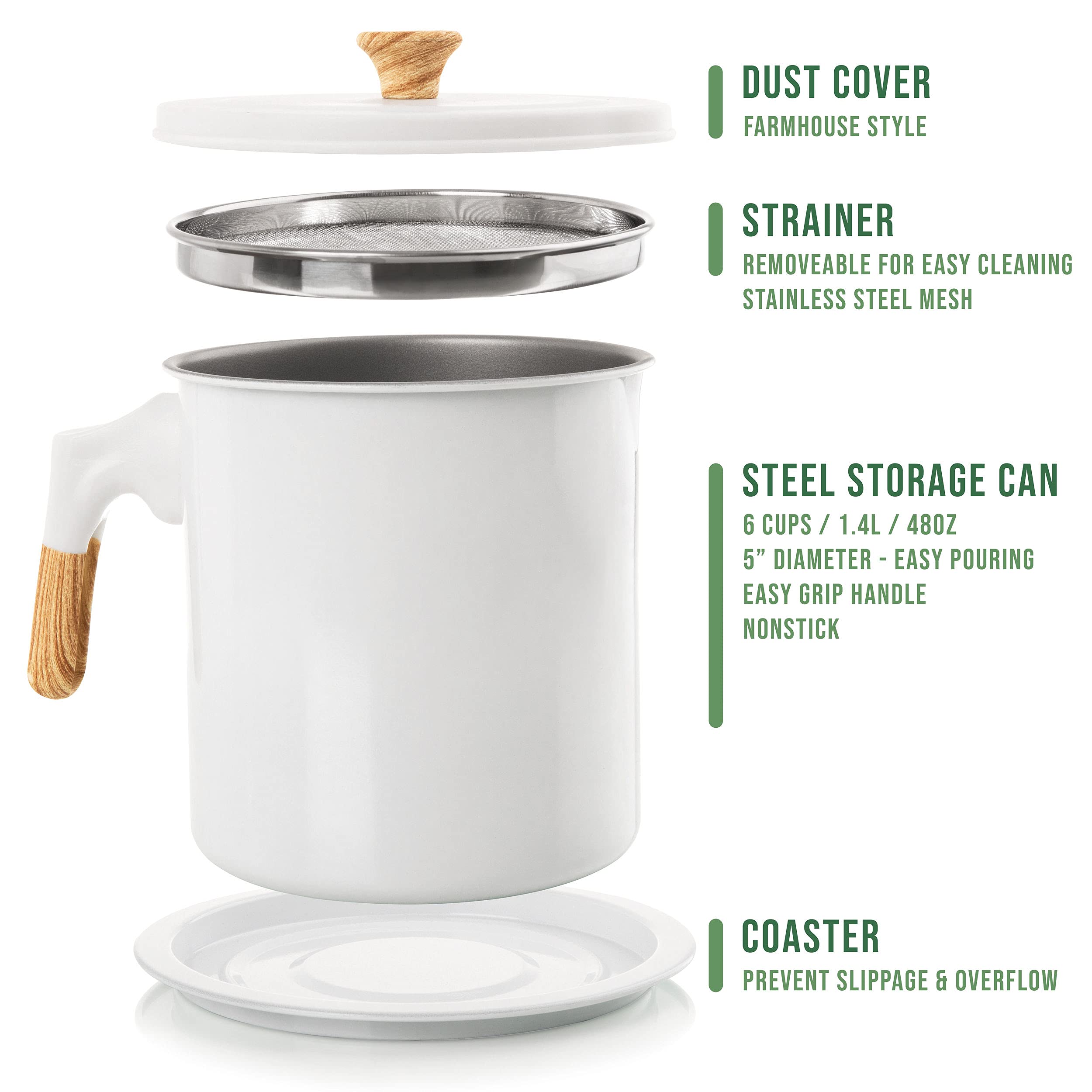 MyMoon Home Bacon Grease Container (48oz / 1.4L) Iron Cooking Oil Storage Can with Strainer - Non-Stick, 5 Inch Diameter for Easy Pouring - Oil Strainer Pot