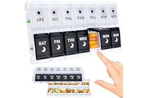 Weekly Pill Organizer 2 Times a Day Easy Fill Design, 7 Day Pill Box Am Pm with Push Button, Large Compartment Pill Container