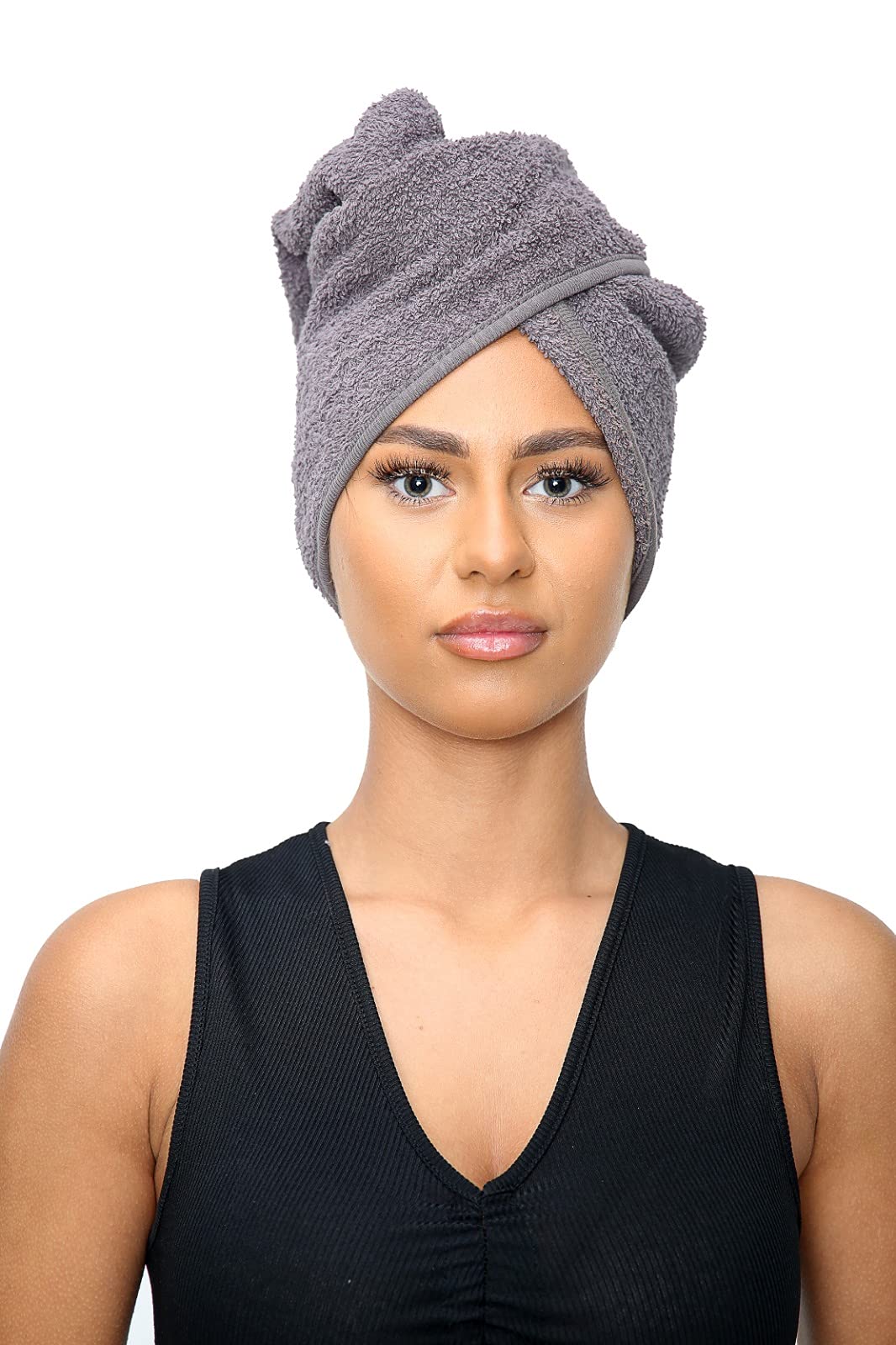Sapphire Collection Hair Drying Towels, 100% Pure Terry Towel Cotton Soft Hair Towel Wrap Hair Twist Turban Towel Absorbent Hair Cap Head Wrap Spa Towels with Loop & Button for Long Hairs (Grey)