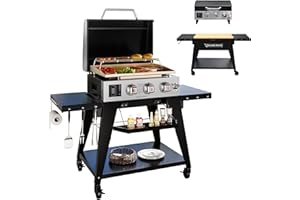 BRANDMAN GRILLS SINCE 1987 Brand-Man 3-Burner Portable Propane Gas Griddle with Lid - 28,000 BTU Flattop Griddle Grill, 504 Sq. In., Folding Side Tables, Rolling Cart for Outdoor BBQ, Camping, Patio
