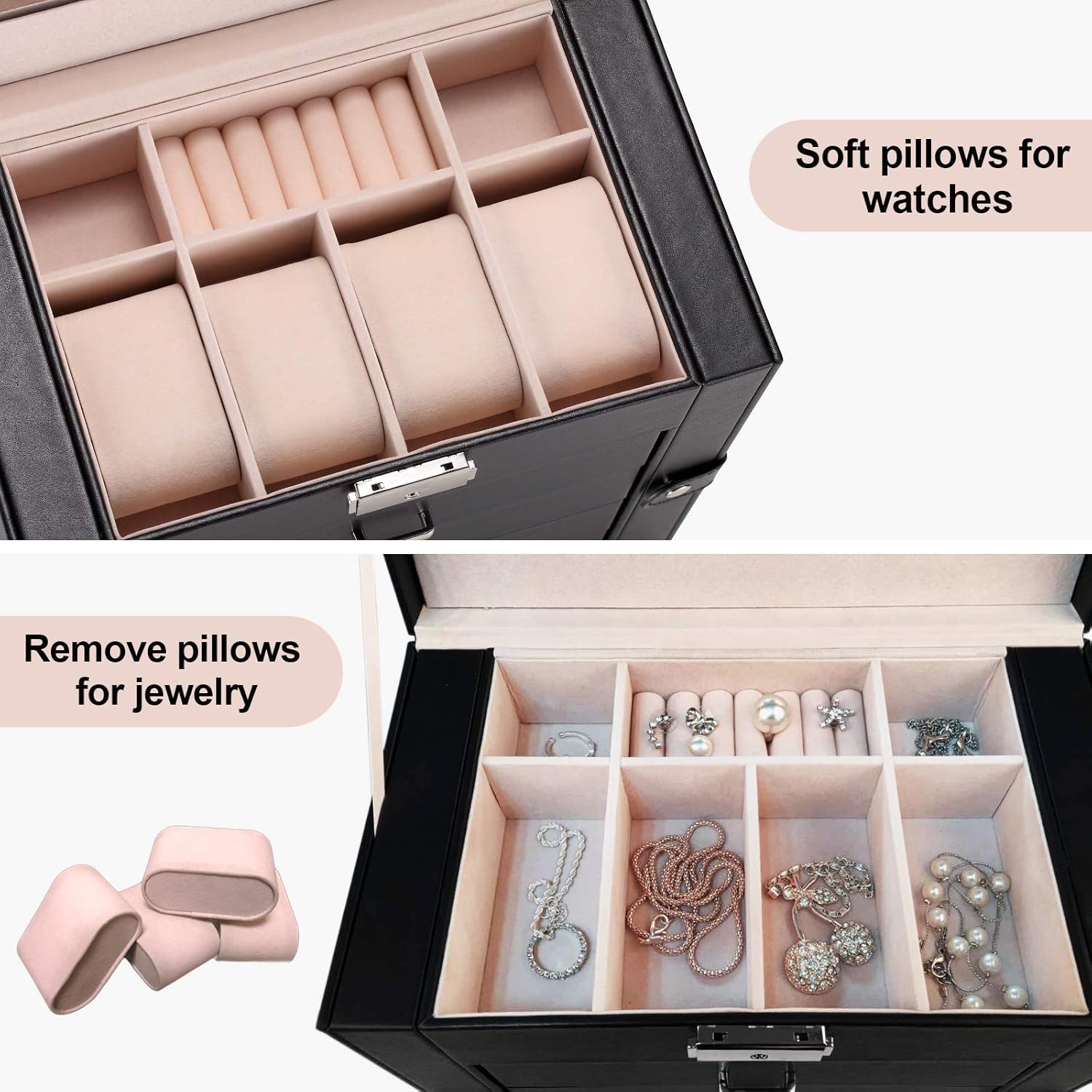 Homde Synthetic Leather Huge Jewelry Box Mirrored Watch Organizer Necklace Ring Earring Storage Lockable Gift Case (Black): Home Improvement