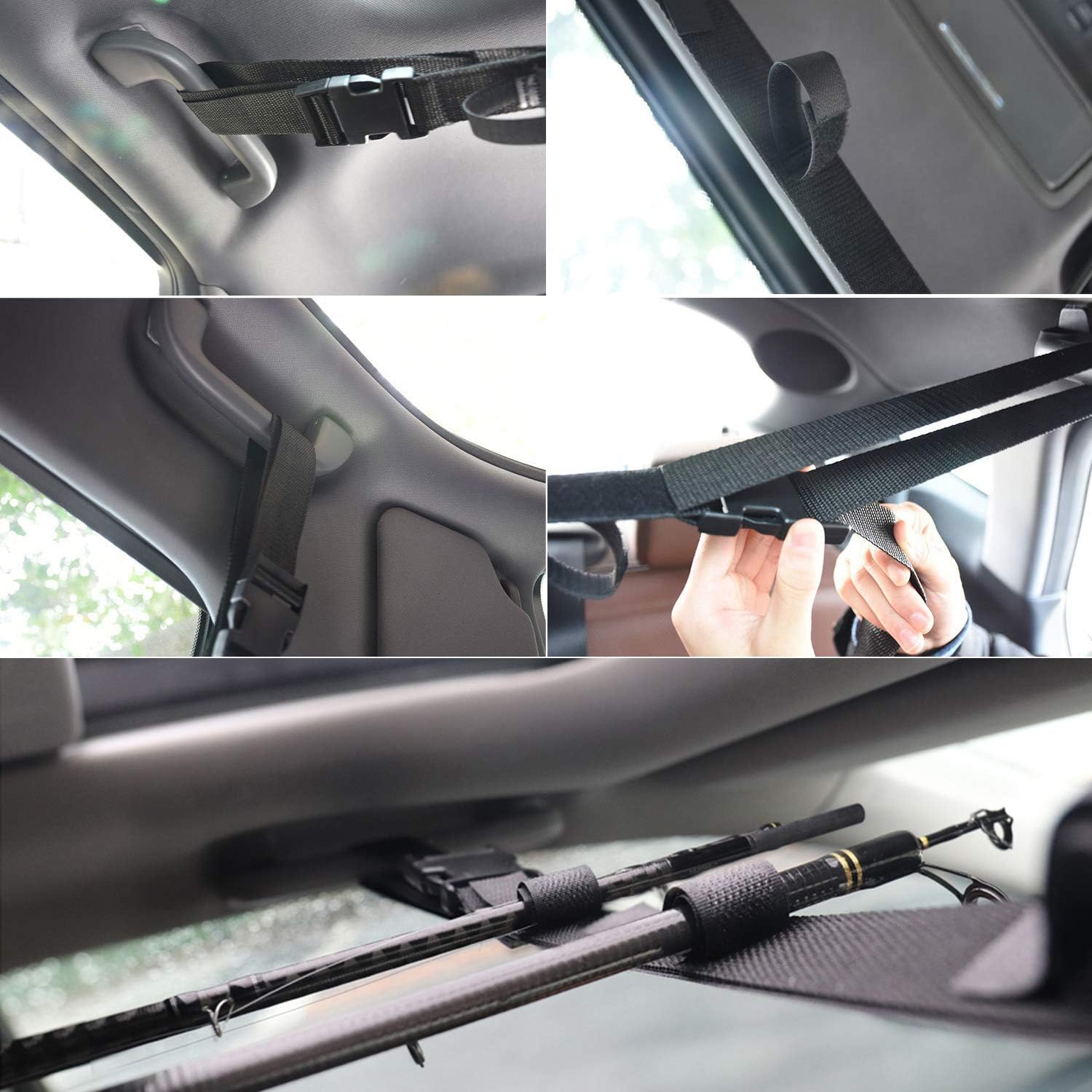 KUDES 2 Pack Vehicle Fishing Rod Rack Holder Adjustable 35 to 44 inch Easy Install Fishing Car Rod Carrier Belt Strap for SUV, Wagons, Van (Black): Home Improvement