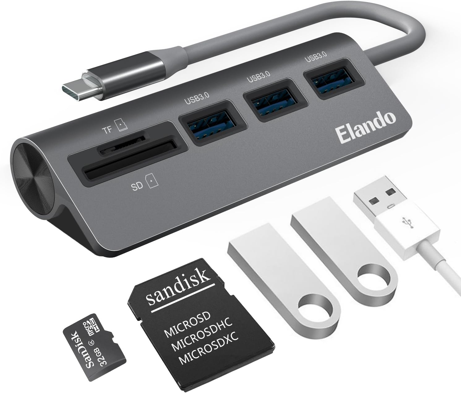 USB C Hub, Elando Aluminum USB Type-C Adapter with 3 USB 3.0 and 1 SD/TF Card Reader for MacBook Pro 2018 and More