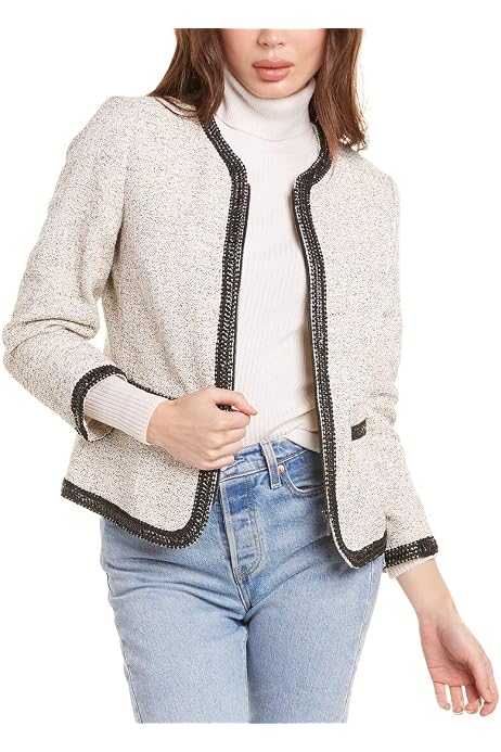 Zip Front Collarless Tweed Jacket 