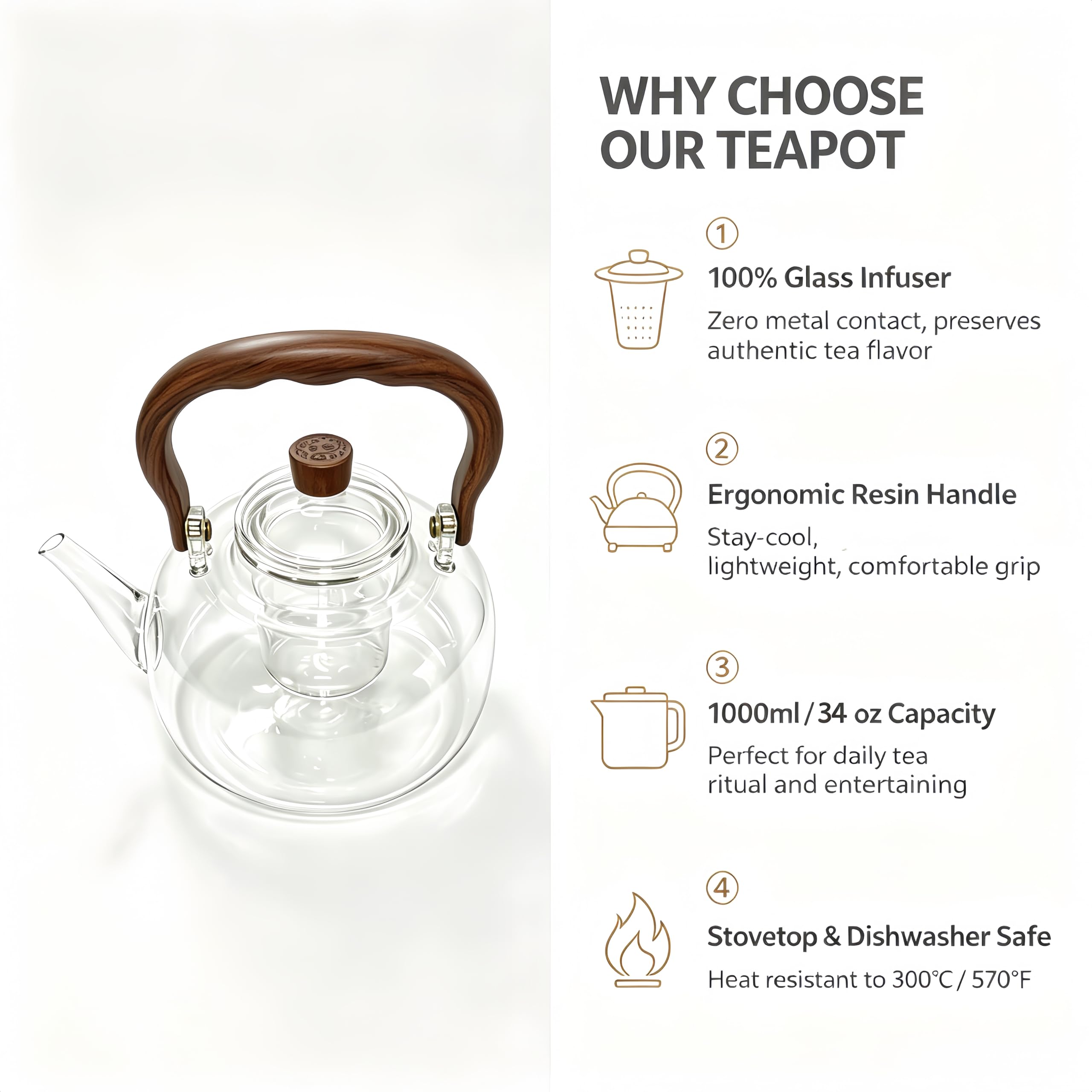 Condition photo showing New/Like New for ovyral glass teapot, 34oz/1000ml tea pot with removable infuser, stovetop safe glass kettle for bloo