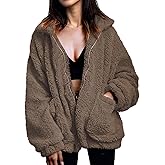 Women's Fuzzy Fleece Faux Shearling Coat, Winter Warm Oversized Jacket with Lapel Collar, Casual Zipper Outwear for Daily Use