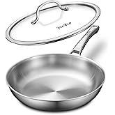 VocVoi Stainless Steel Pan, 12 Inch with Lid Stainless Steel Frying Pan | Non Toxic Tri-Ply Skillet, PFOA&amp;PTFE Free, Oven &amp; Dishwasher Safe, Induction, Gas and Ceramic Compatible Au Gratin Pans