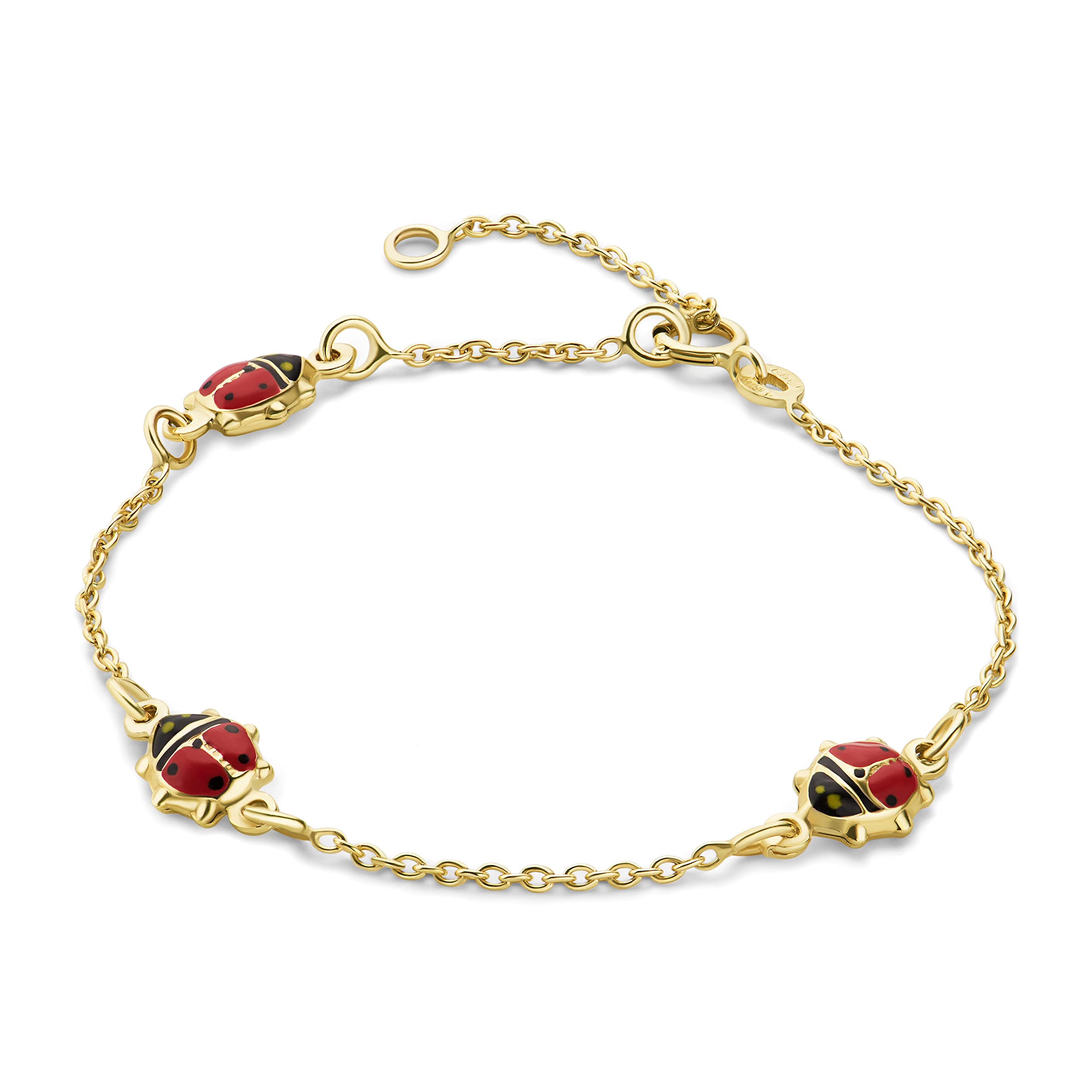 MIORE Kids children's bracelet with 3 enamel ladybirds black and red in 9 karat 375 yellow gold, length 14 cm (12 cm + 2 cm extention) spring ring closure