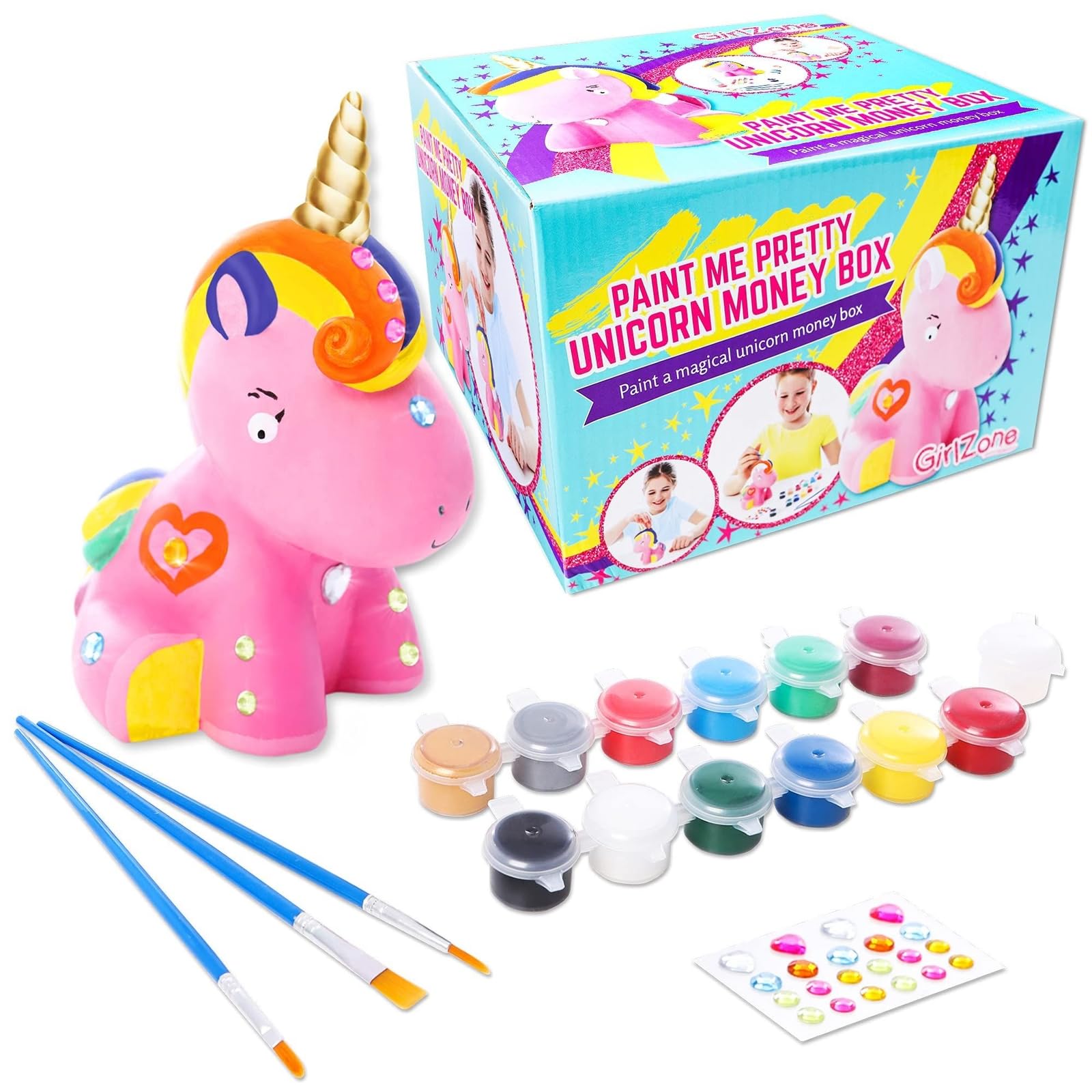 GirlZone Paint Your Own Unicorn Piggy Bank for Girls, Paint a Cute Unicorn with Cool Metallic Paints, Great Craft Kit for Kids and Fun Gift Idea