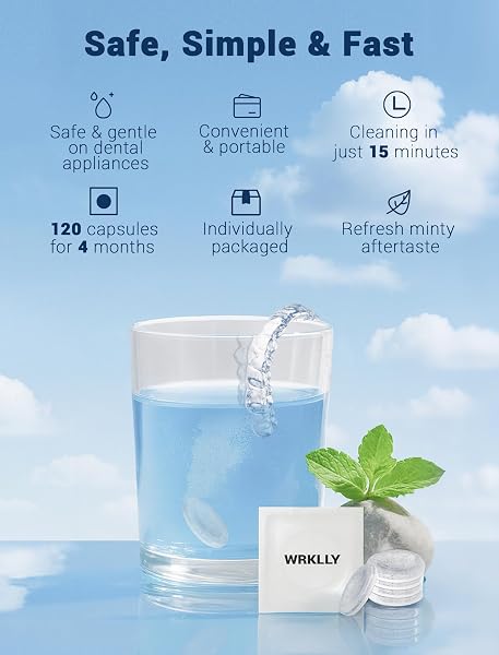 RETAINER CLEANER TABLETS (120 PCS), DENTURE CLEANING TABLETS FOR INVISALIGN, NIGHT MOUTH GUARD FOR ALIGNERS, REMOVE ODORS STAINS AND PLAQUE, QUICK CLEANSER, MINT FRESH FLAVOR, 4 MONTH SUPPLY