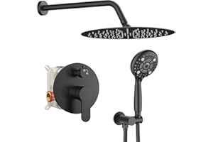 SR SUN RISE Shower Faucet - 12 Inch High Pressure Round Shower Head - 6 Setting Headheld - Valve Included (Matte Black)