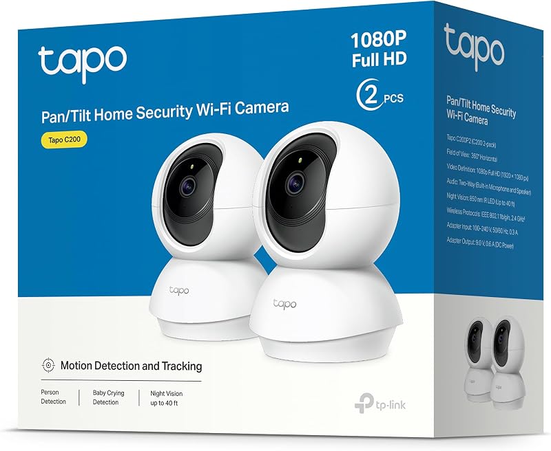TP-Link C200P2 360° Überwachungskamera für den Innenbereich, 1080P, Nachtsicht, Bewegungserkennung, Zwei-Wege-Audio, kompatibel mit Alexa&Google Assistant, für Babys/Haustiere, 2 stück C200