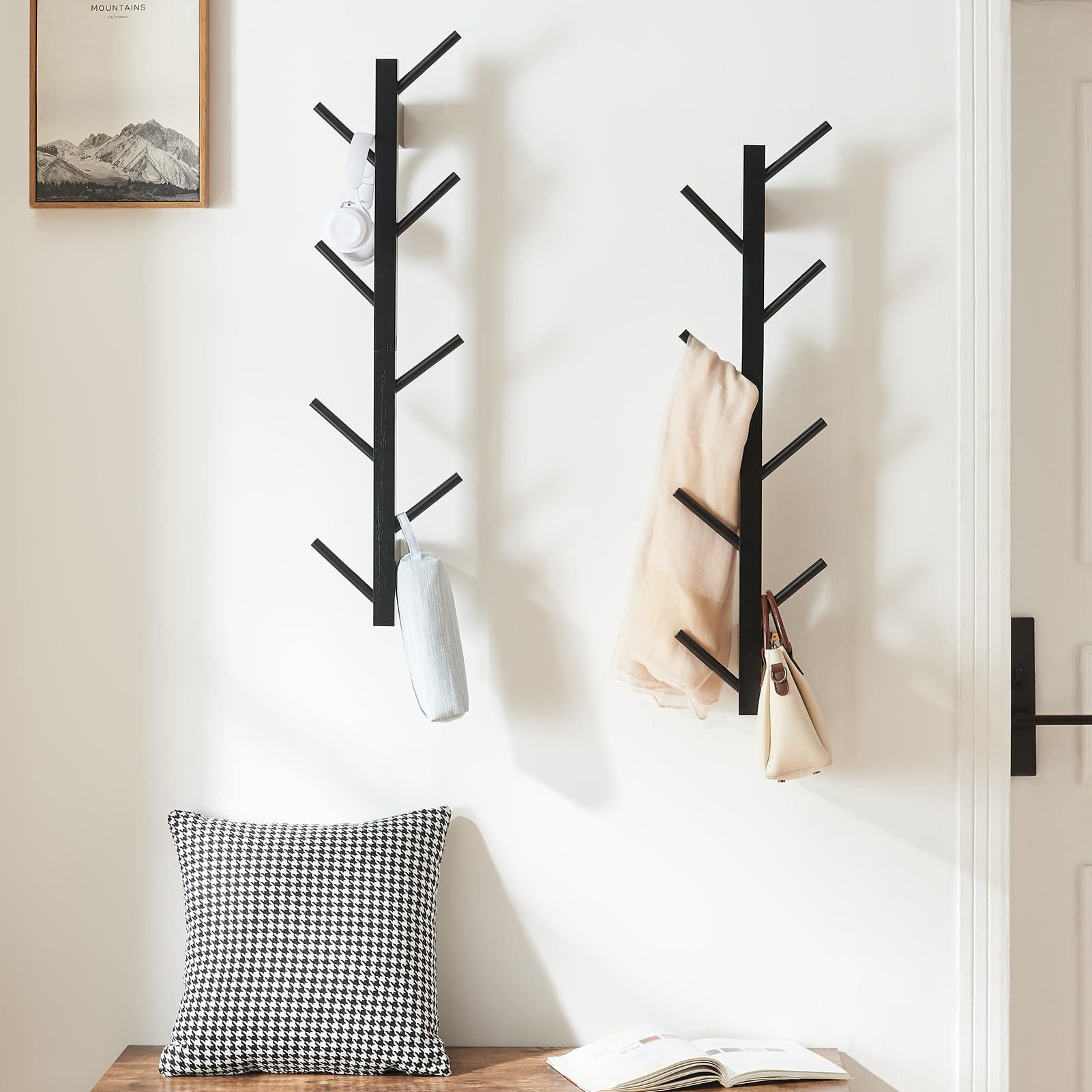 Photo 1 of TIOPGHAD 2 Pack Vertical Wall Coat Rack, Bamboo Hanging Hat Hooks Wall Mounted Wooden Hanger Racks Wall Mount Tree for Coats Hats Hacket Clothes Bags Entryway Bedroom(Black)