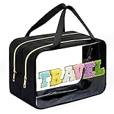 Yowivon Extra Large Travel Pouches for Toiletries, Waterproof Preppy Makeup Spf Sunscreen Skin Care Snack Bag, Clear Tote Bag for Beach, Camping, Business Trips, Swimming, Stadium Event, Black, XL