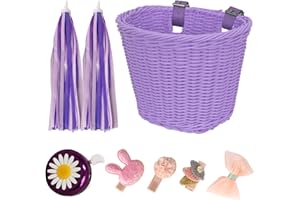 RAYMACE Kids Bike Basket Streamers Bell Set, Children's Bicycle Handlebar Basket with 4pcs Girl Hair Clips, Cute Accessories Kit for Kids' Bike, Scooter