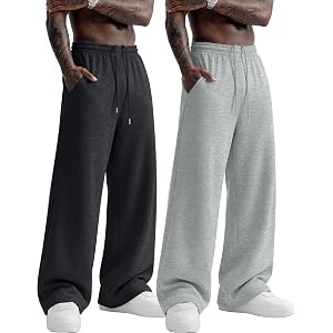 Ficerd 2 Pack Mens Baggy Sweatpants Wide Leg Pants | Open Bottom Pants, Elastic Waist, Drawstring, Pockets, Lounge, Casual, A