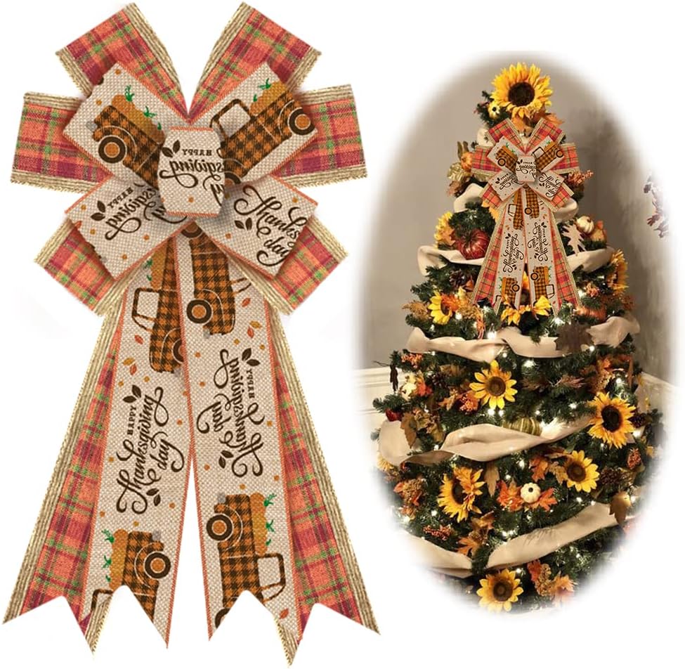 Bows & Ribbons - Large Fall Bows for Wreath, Thanksgiving Truck Harvest Wreath Bows Orange Buffalo Plaid Bows for Front Door, Farmhouse Ornament Burlap Tree Topper Bows for Fall Indoor Outdoor Decoration