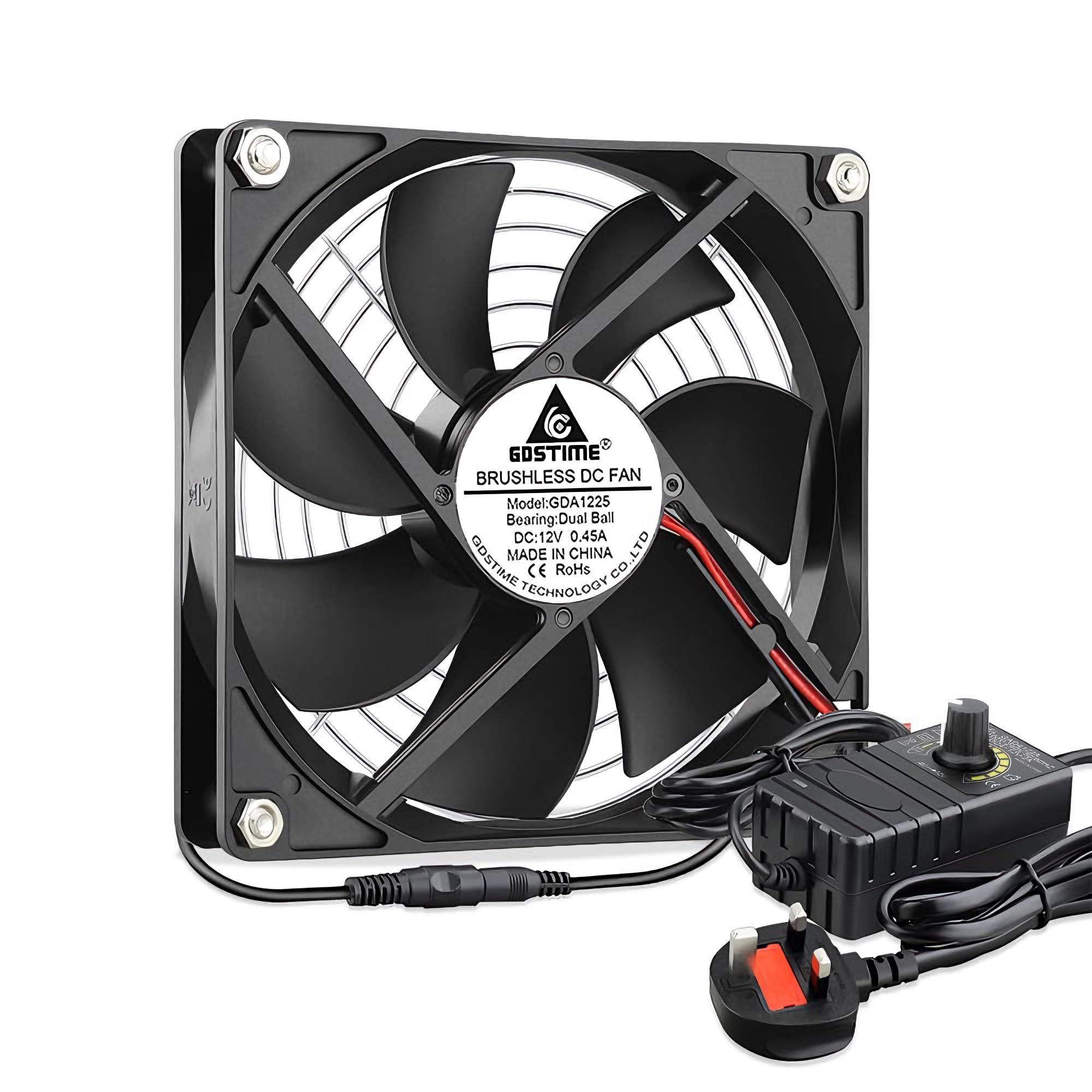 GDSTIME 120mm Computer Fan with 220V 240V AC Plug Double Ball Bearing 120 x 25mm PC Cooling Fan 4-12v Speed Controller 3000 RPM 12025 Brushless Case Cooler for Chassis Sever Cabinet PSU Ventilation