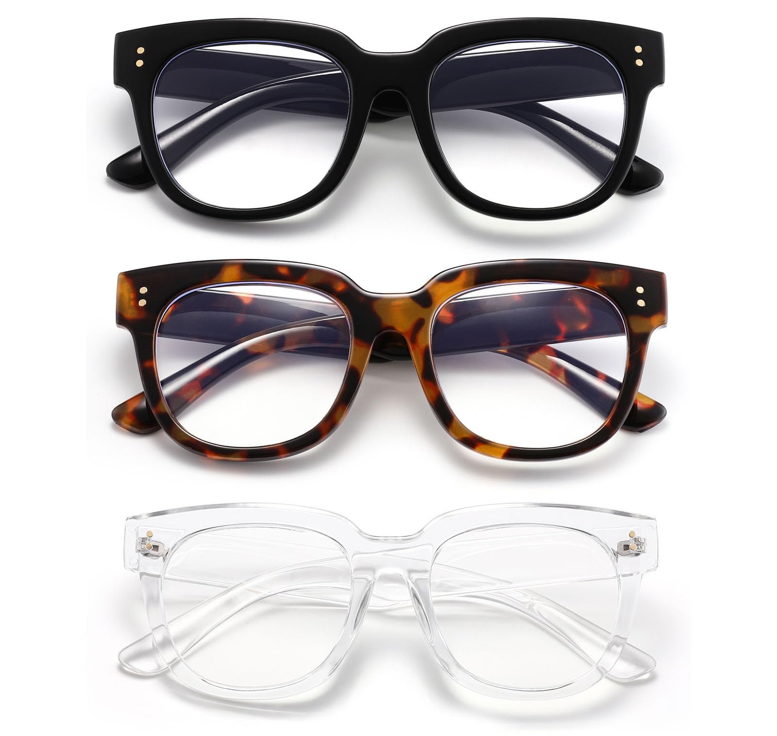 ZUVGEES 4-Pack Retro Oversized Blue Light Blocking Reading Glasses for Men and Women Square Thick Big Frame (Black+Leopard+Champagne+Transparent,3.00)