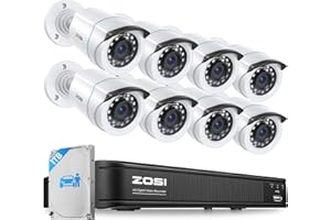ZOSI H.265+ Home Security Camera System with AI Human Vehicle Detection, 5MP 3K Lite 8 Channel CCTV DVR Recorder and 8 x 1080p Weatherproof Bullet Camera Outdoor Indoor, 80ft Night Vision, 1TB HDD
