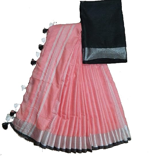 Womens Linen Viscose Pink Color Floral Thread Saree With Unstiched Blouse Piece