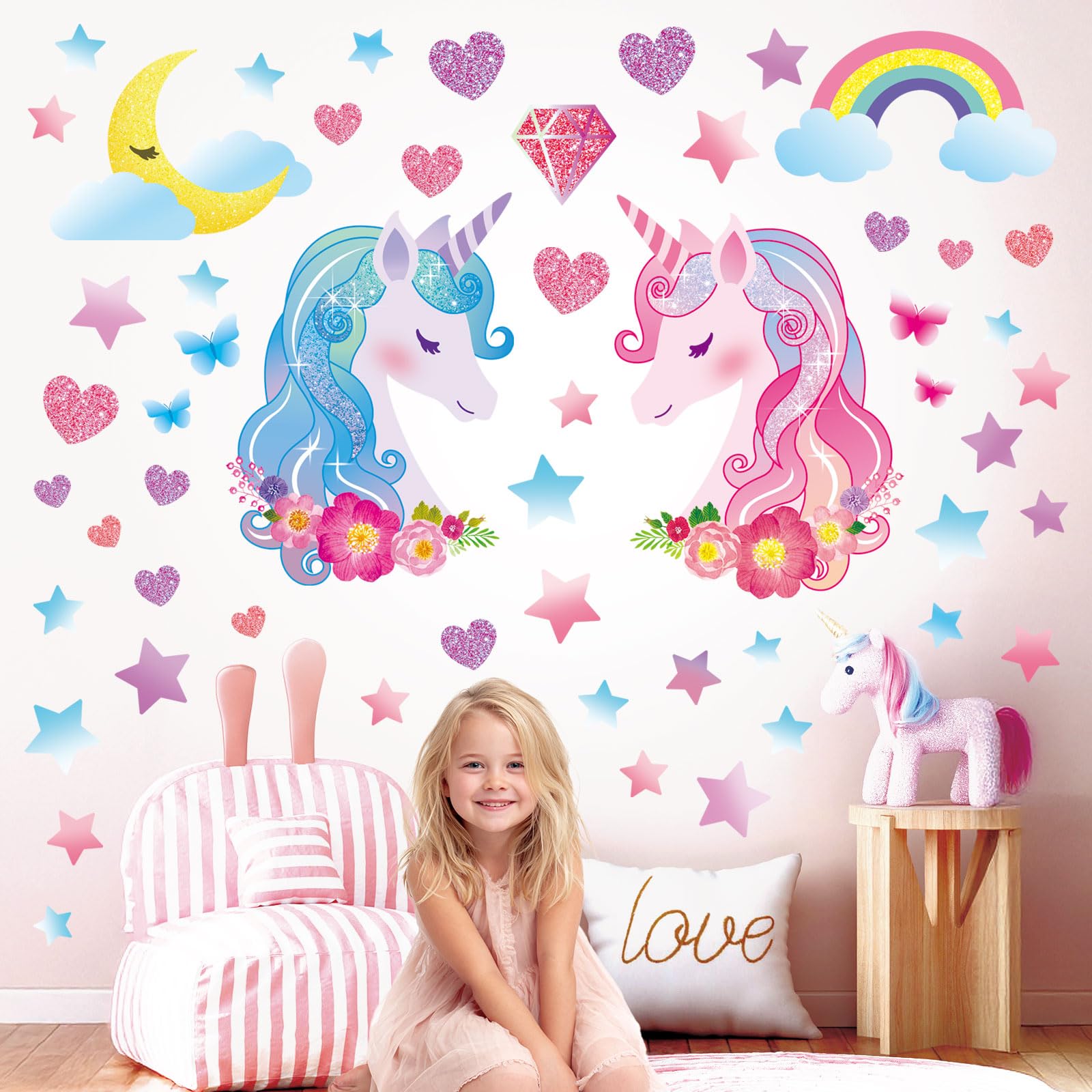 DECOWALL Unicorn Wall Stickers for Girls Bedroom – Cute Unicorn & Rainbow Wall Decals, Removable Nursery Wall Decor for Kids Room (DS8-8068)