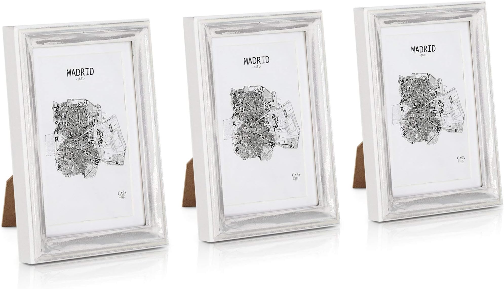 Antic by Casa Chic Solid Wood Shabby Chic Photo Frame 5x7 inch Frame Glass Front With Picture Mount for 6x4 inch Photo Pack of 3 Frames 2 Centimetre Edge Width Silver and White