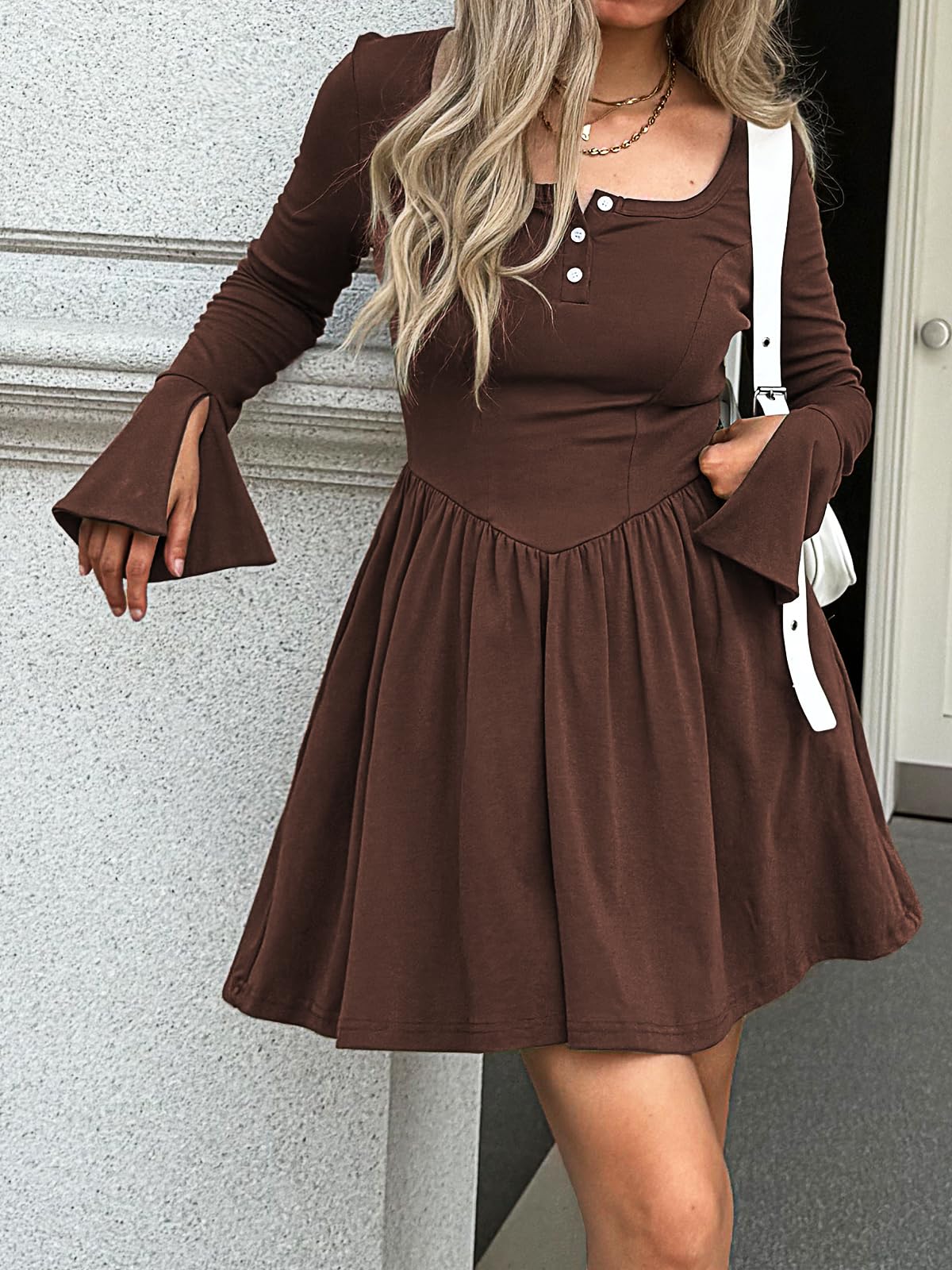Mieazom Women Bell Long Sleeve Mini Dress Square Neck Button Down A Line Pleated Winter Fall Dresses with Pockets Brown L