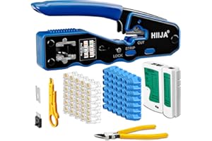 Hiija RJ45 Crimper, RJ45 Crimp Tool Pass Through Cat5 Cat5e Cat6 Crimping Tool Kit for RJ45 Regular, 50PCS CAT6 Pass Through 