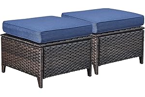 Rilyson Outdoor Ottoman Wicker Patio Ottomans - 2 Piece Footrest Footstools Set Rattan Outdoor Ottomans for Patio with Thick Cushions(Brown/Blue)